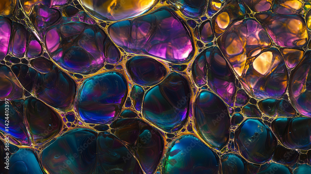 Poster Close-up macro shot of soap bubble surface with rainbow oil-like patterns and abstract swirls, dark background, surreal texture, psychedelic mood, high detail
