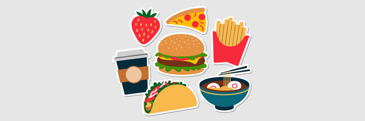 Vector food stickers featuring a strawberry, pizza slice, hamburger, fries, donut, coffee cup, taco, and ramen &ndash; Ideal for food-related marketing, fast food promotions, or culinary design projects.