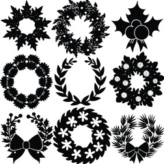 Fototapeta premium Collection of Nine Black and White Christmas Wreaths