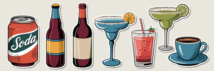 Set of retro-style vector drink stickers – Great for vintage beverage branding, restaurant menus, or retro-themed marketing campaigns.