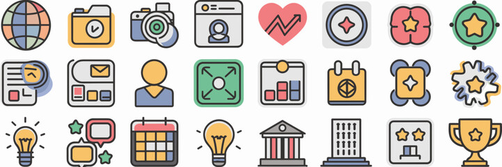 Vector sheet of various icons and stickers including globe, camera, heart, and more – Perfect for infographics, digital design, or website elements.