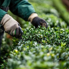 Gardener Trimming Evergreen Shrubs in Garden