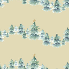 Naklejka premium Christmas spruces snow-covered with festive golden star decoration. Hand drawn watercolor seamless pattern of forest winter landscape on beige for New Year festive packing paper, fabric and textile