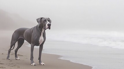 Great Dane standing on a foggy beach Behind
