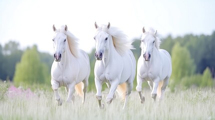 Obraz premium Three majestic white horses galloping across a field