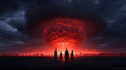 People observing a nuclear explosion at dusk in a desolate landscape