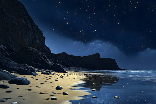 Starry night coastal scene with dark cliffs.