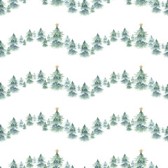 Christmas watercolor spruces snow-covered with festive golden star decoration. Hand drawn isolated seamless pattern. Forest winter landscape for New Year festive packing paper, fabric and textile.