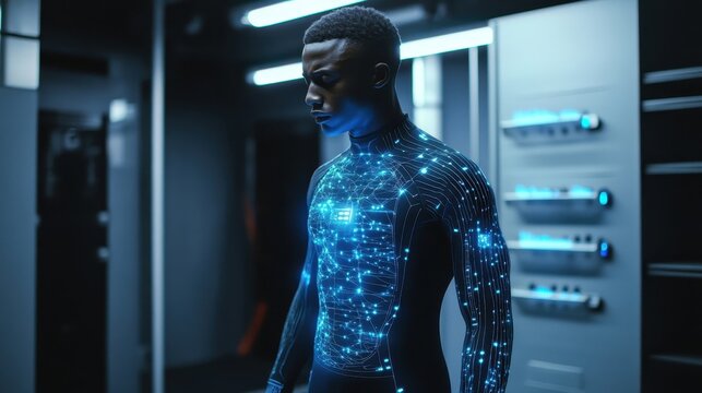 A man in a futuristic, digitally enhanced suit, showcasing intricate network designs.