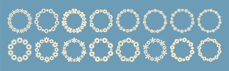 Groovy flower circle frame big set.  Simple flowers in a minimalist style on a blue background. Hand drawn botanical wreaths, perfect for wedding invitations, cards, logos and decorative design proje