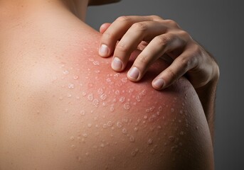 Fototapeta premium Close-up of skin disease on shoulder. The inflamed skin shows signs of irritation, possibly due to an allergic reaction, dermatitis, eczema, or psoriasis. dermatological conditions