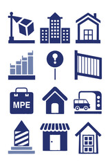 Blue Icon Set of Industry, Real Estate, and Commerce