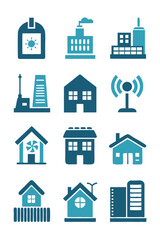 Blue Building Icons: Industry, Home, and Connectivity Symbols