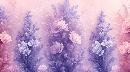 Delicate floral wallpaper design.  Soft pastel shades of pink and purple, featuring detailed, stylized roses and foliage.  A gentle, romantic aesthetic