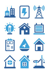 Blue Vector Icons: Business, Energy, Communication, and Real Estate