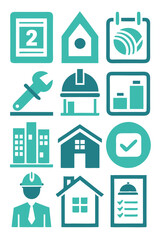 Construction and Real Estate Icon Set in Teal Color