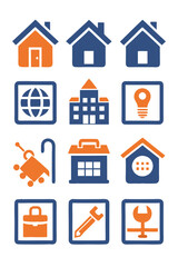 Blue and Orange Business Icons Set on White Background