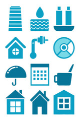 Blue Icon Set: Housing, Water, Tools, and Weather