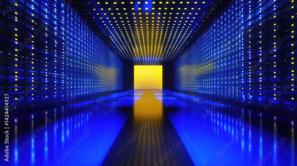 Poster vivid digital server room glowing with blue lights and a bright yellow core, surrounded by futuristi