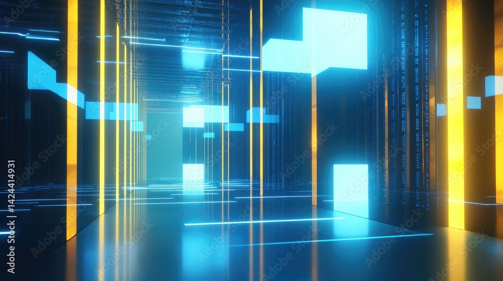Aufkleber digital corridor with floating blue cubes and vertical yellow lights in a futuristic data center. gr