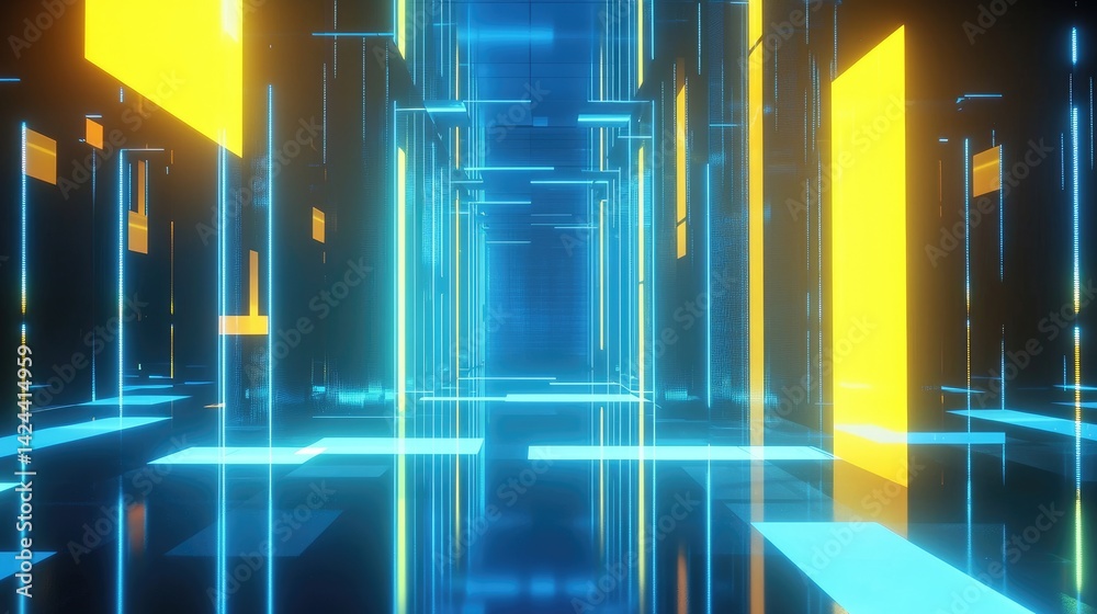 Poster futuristic hallway filled with glowing blue lines and tall yellow panels, creating a digital matrix 