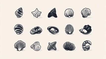 Fototapeta premium Seashells collection, monochrome, various types, beach background, design element