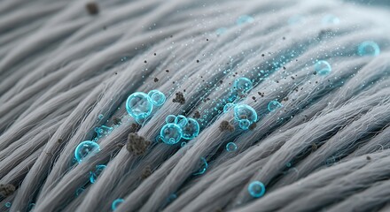 Microscopic Cleaning Action: Detergent Molecules Lifting Dirt from Gray Fabric Fibers - Ultra Detailed, Science Visualization, Cleanliness Concept, Macro