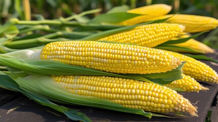 Fresh farm corn ears vibrant yellow natural environment harvested organic vegetables
