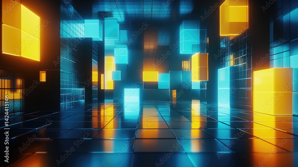 Poster futuristic room with floating glowing blue and yellow cubes reflecting on shiny tiles. ideal for dig