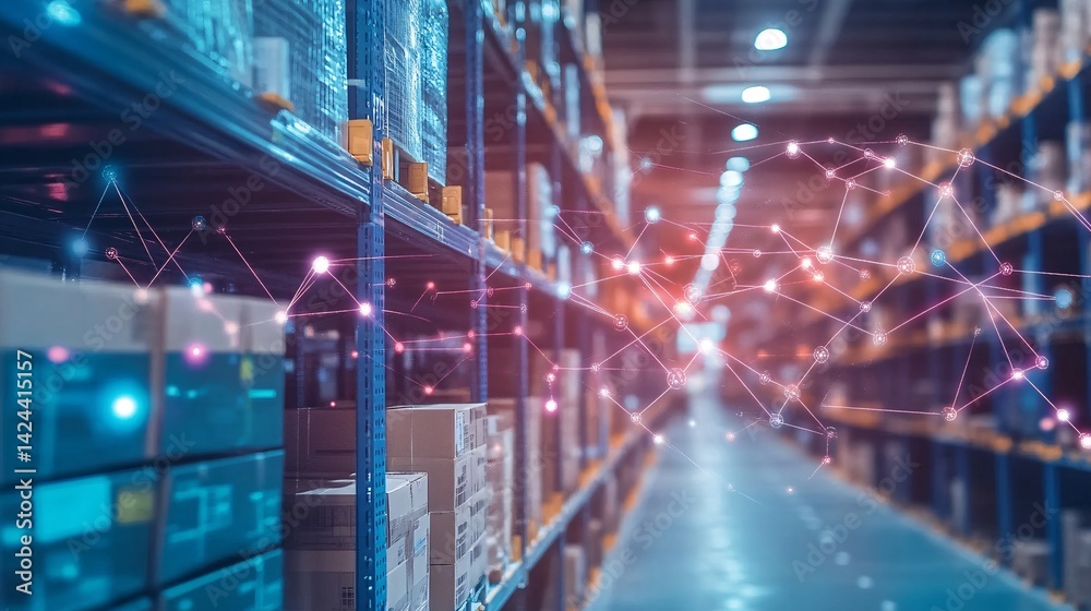 Poster intelligent logistic network connecting packages in distribution warehouse