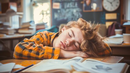 A tired student wearing a plaid shirt sleeps at a desk in a classroom. Surrounded by books and a chalkboard, the teenager takes a nap amidst schoolwork.