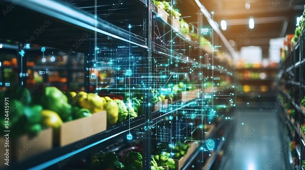 Poster digital inventory system is tracking fresh produce stock levels in a grocery store
