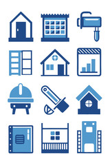Blue icons depicting real estate, construction, and tools