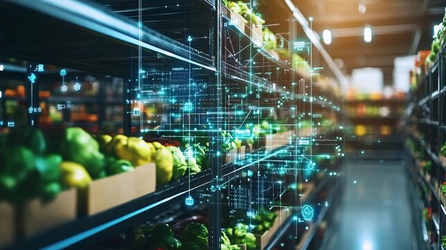 Digital inventory system is tracking fresh produce stock levels in a grocery store