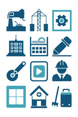 Industry vector icons: manufacturing, construction, design, and engineering