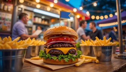 Double Cheeseburger with Fries at Outdoor Restaurant