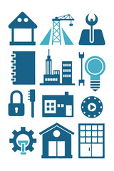 Blue Icon Set of Building, Tools, and Technology