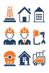 Construction and building industry icons, orange and blue theme