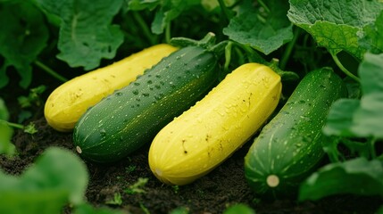 Obraz premium Yellow & green zucchini nestled among lush green leaves