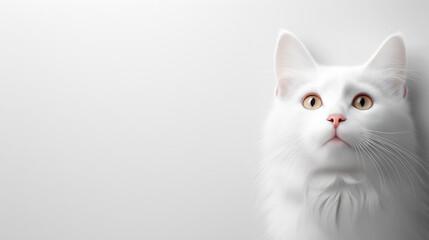 Obraz premium White feline with expressive eyes gazing upwards, showcasing curiosity and wonder in a minimalist setting, embodying the beauty of companionship and the joy of pet ownership concept