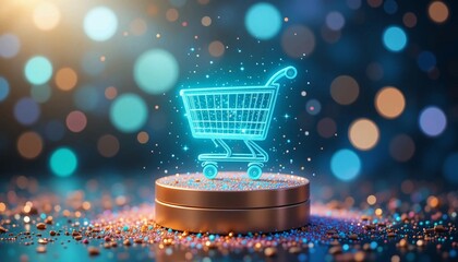 Futuristic Glowing Shopping Cart Icon for E-Commerce Business Marketing – AI Digital Retail Graphic for Online Sales and Branding Success