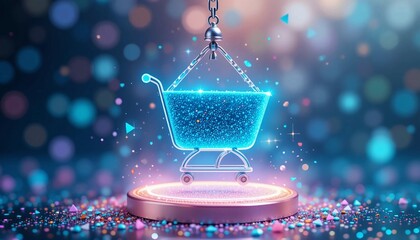 Futuristic Glowing Shopping Cart Icon for E-Commerce Business Marketing – AI Digital Retail Graphic for Online Sales and Branding Success
