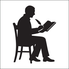 man writing book with feather pen silhouette