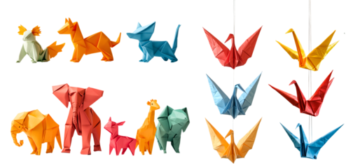 Collection set of origami paper fold of colourful paper, crane bird, dinosaur dino, elephant, giraffe, deer on transparent cutout PNG. Many pattern. Mockup template for design	
