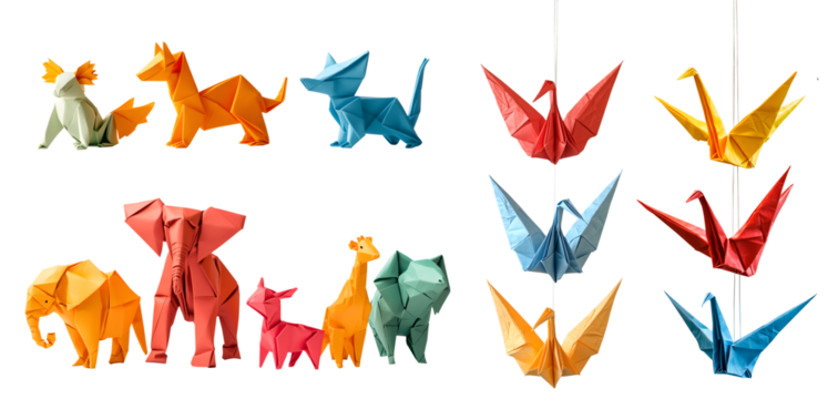 Collection set of origami paper fold of colourful paper, crane bird, dinosaur dino, elephant, giraffe, deer on transparent cutout PNG. Many pattern. Mockup template for design	
