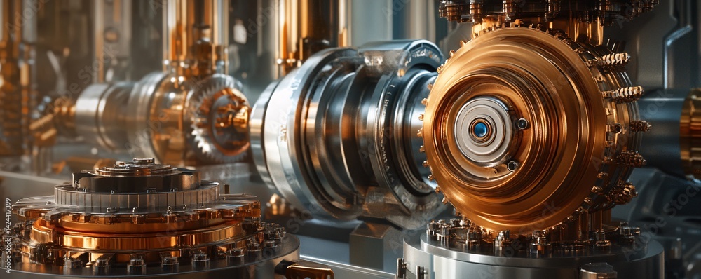 Poster Complex futuristic industrial engine generating power in a steampunk style