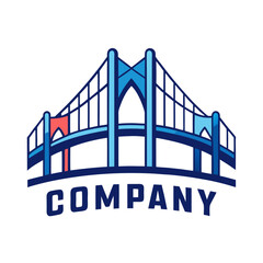 Blue stylized bridge logo with the company name