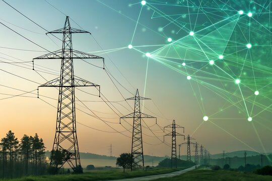 Electrical Transmission Towers Line with Connecting Dots, Networks and Power Lines