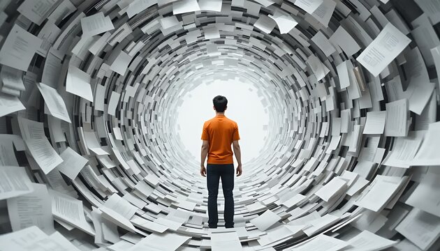 Person Surrounded by Paper Sheets in Tunnel