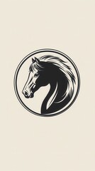 A stylized black and white profile of a horse's head within a circle.